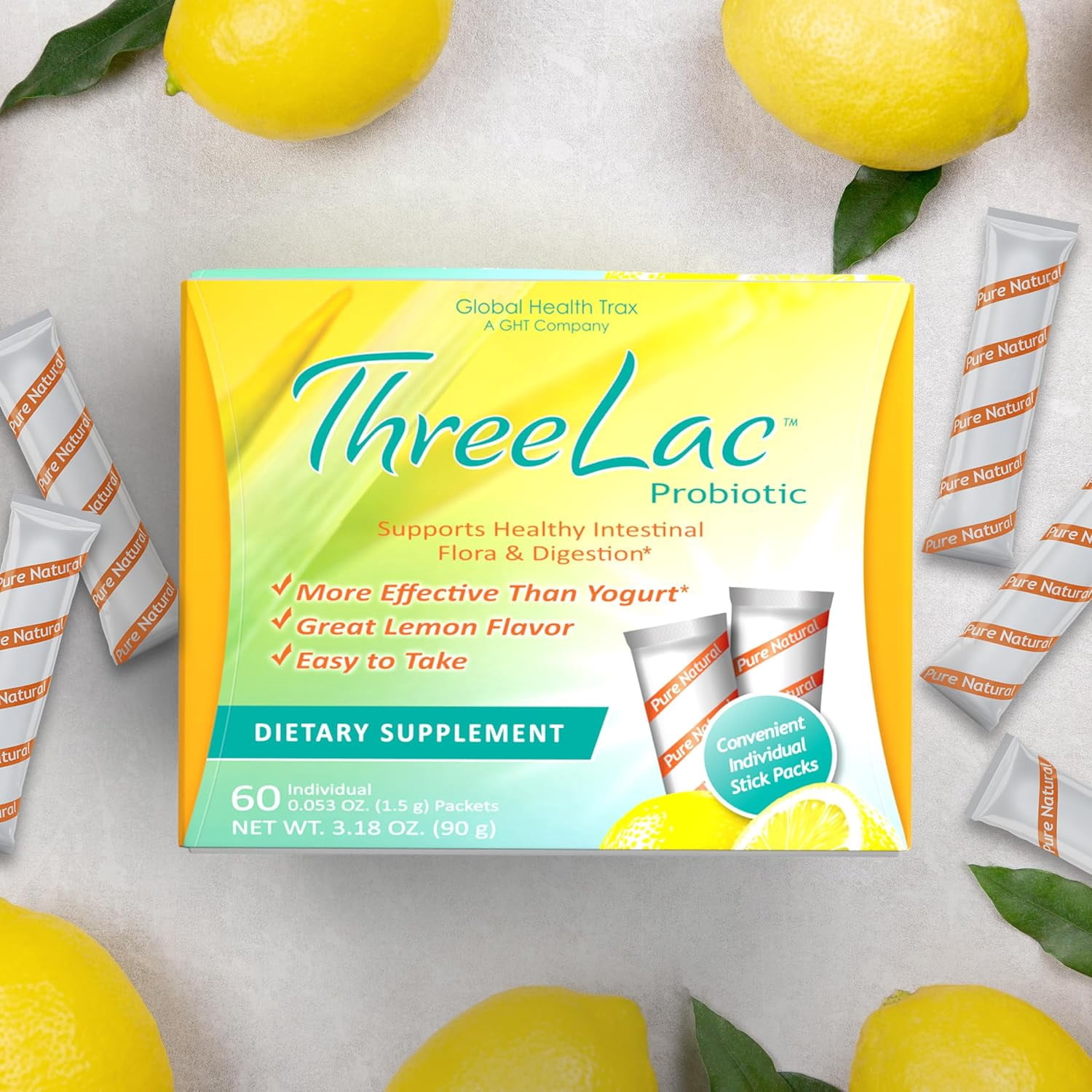 Global Health Trax ThreeLac Probiotic Drink Mix, Daily Digestive Support, Lemon, 90g, 60 Packets
