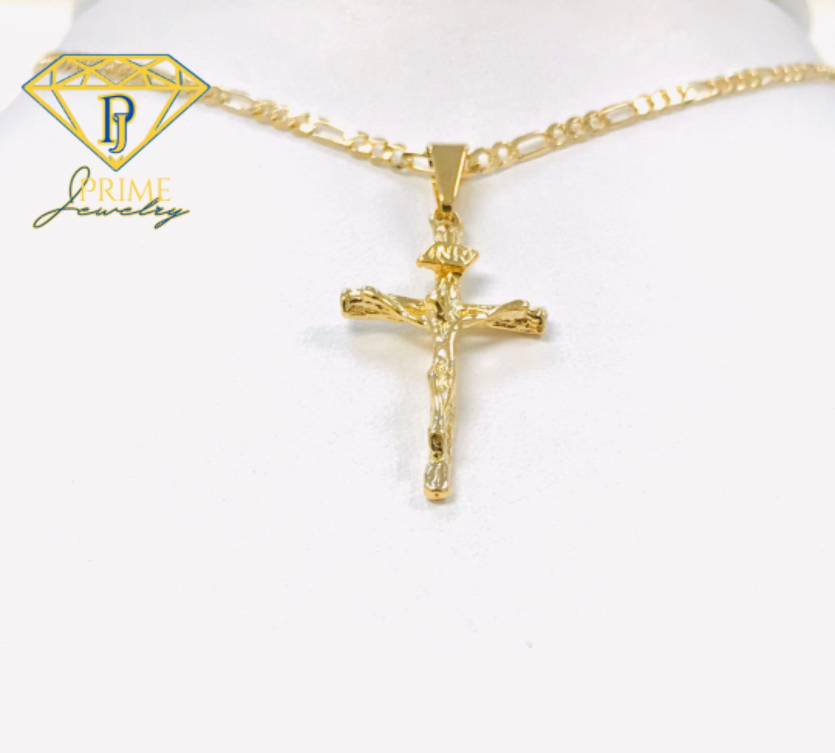 14K Gold Filled Pendant Cross 33x18mm Necklace 20” Figaro Link for Men Women - Prime Jewelry 269