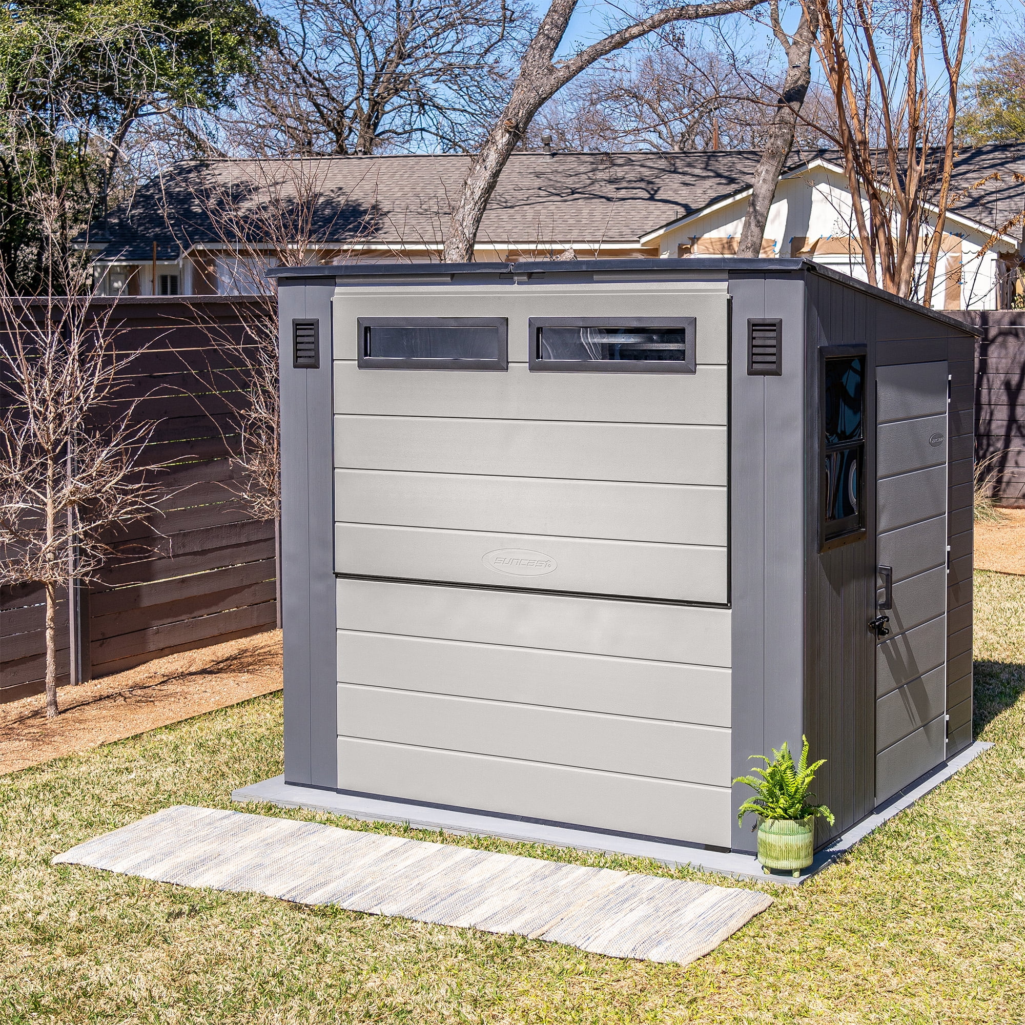 Suncast 8' x 7' Cabana Entertainment Storage Shed, All-Weather Outdoor Shelter, Gray
