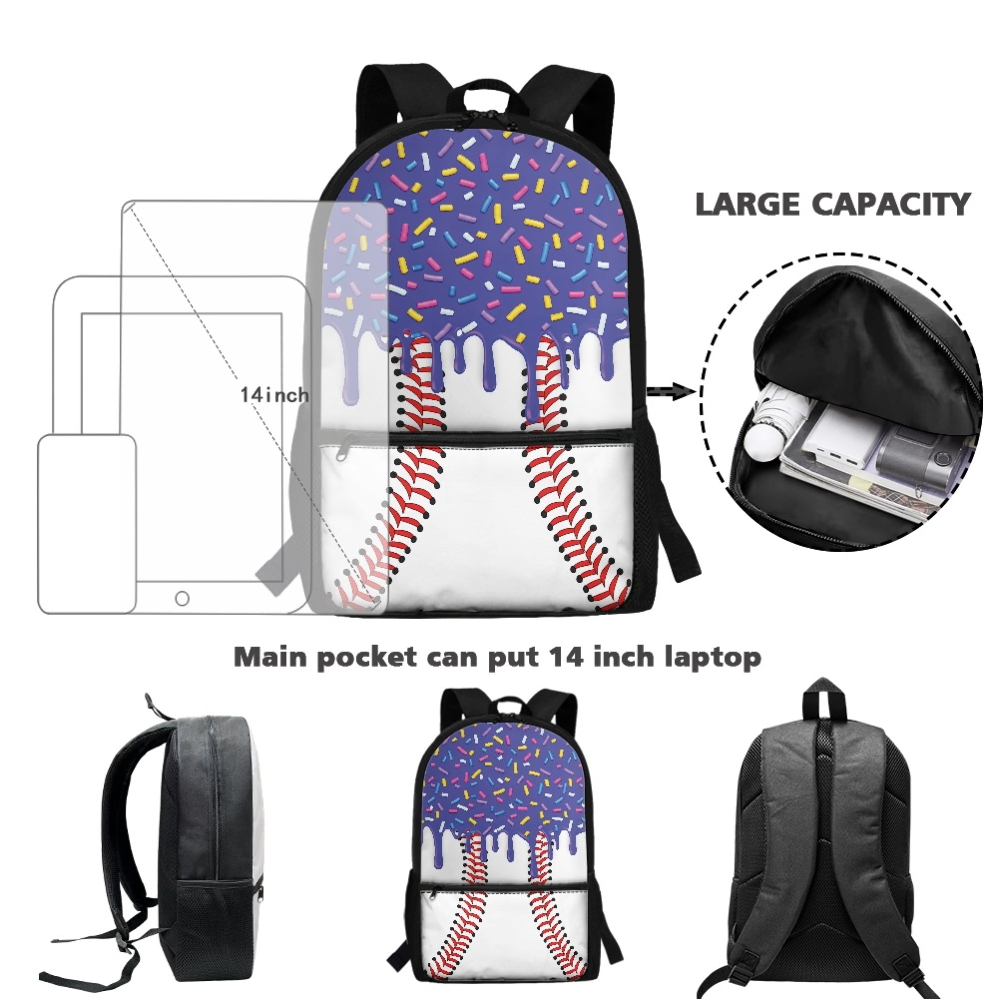 Uourmeti Baseball Sprinkle Drip Pattern Side Mesh Pockets Backpack, 17 Inchs Multiple Pockets Polyester Backpack Smooth Zippers Daypack for Adults