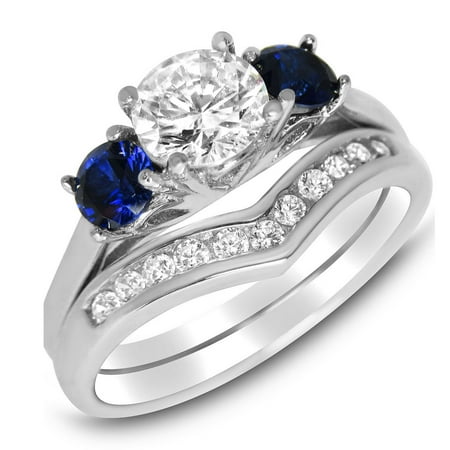 His Hers Sterling Blue Sapphire CZ Bridal Wedding Band Engagement Ring Set Him Her Thin Blue Line