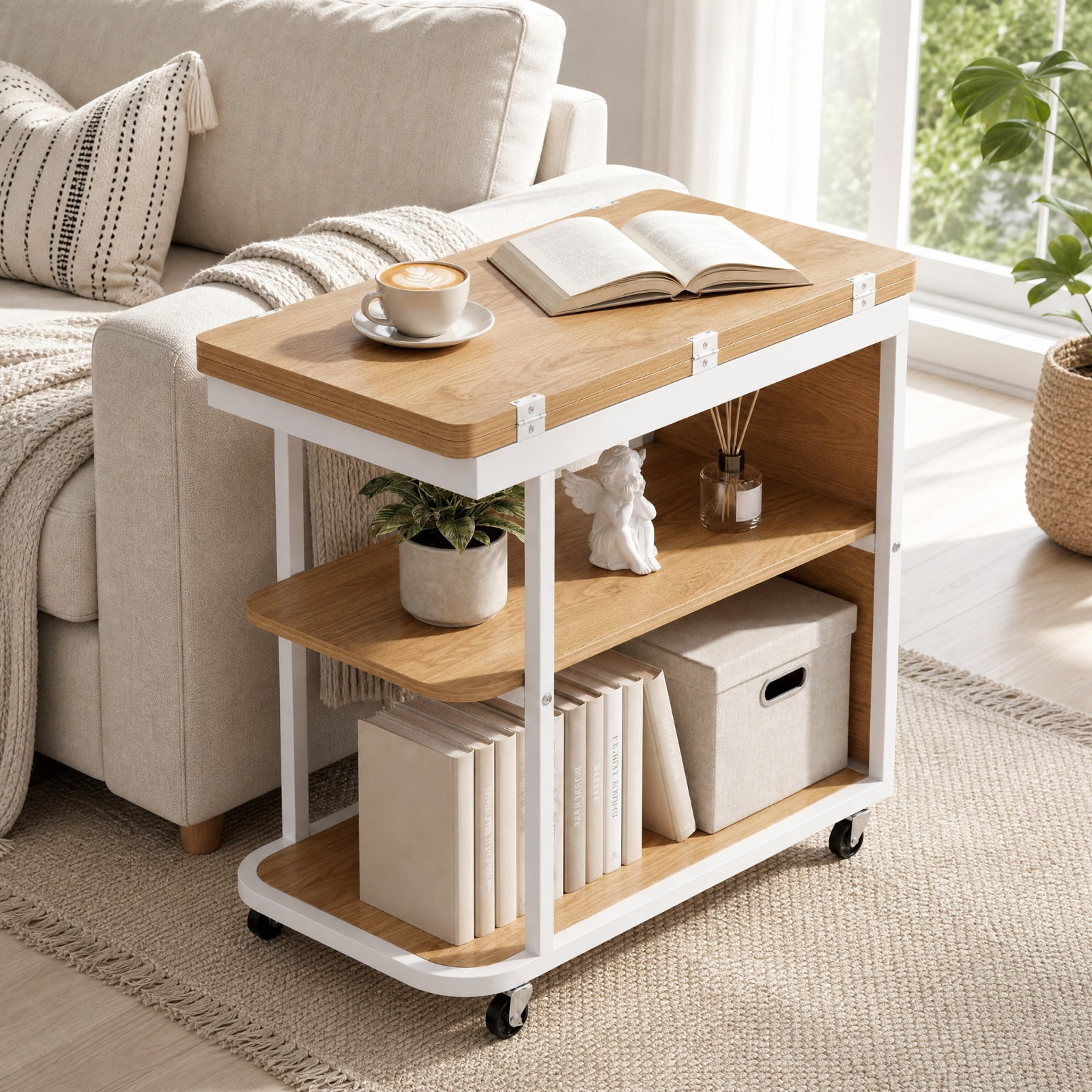 Furnibear Mobile Nightstand with Foldable Swivel Top and 2 Tier Shelf Rolling Bedside Table for Small Spaces Bedroom, Natural