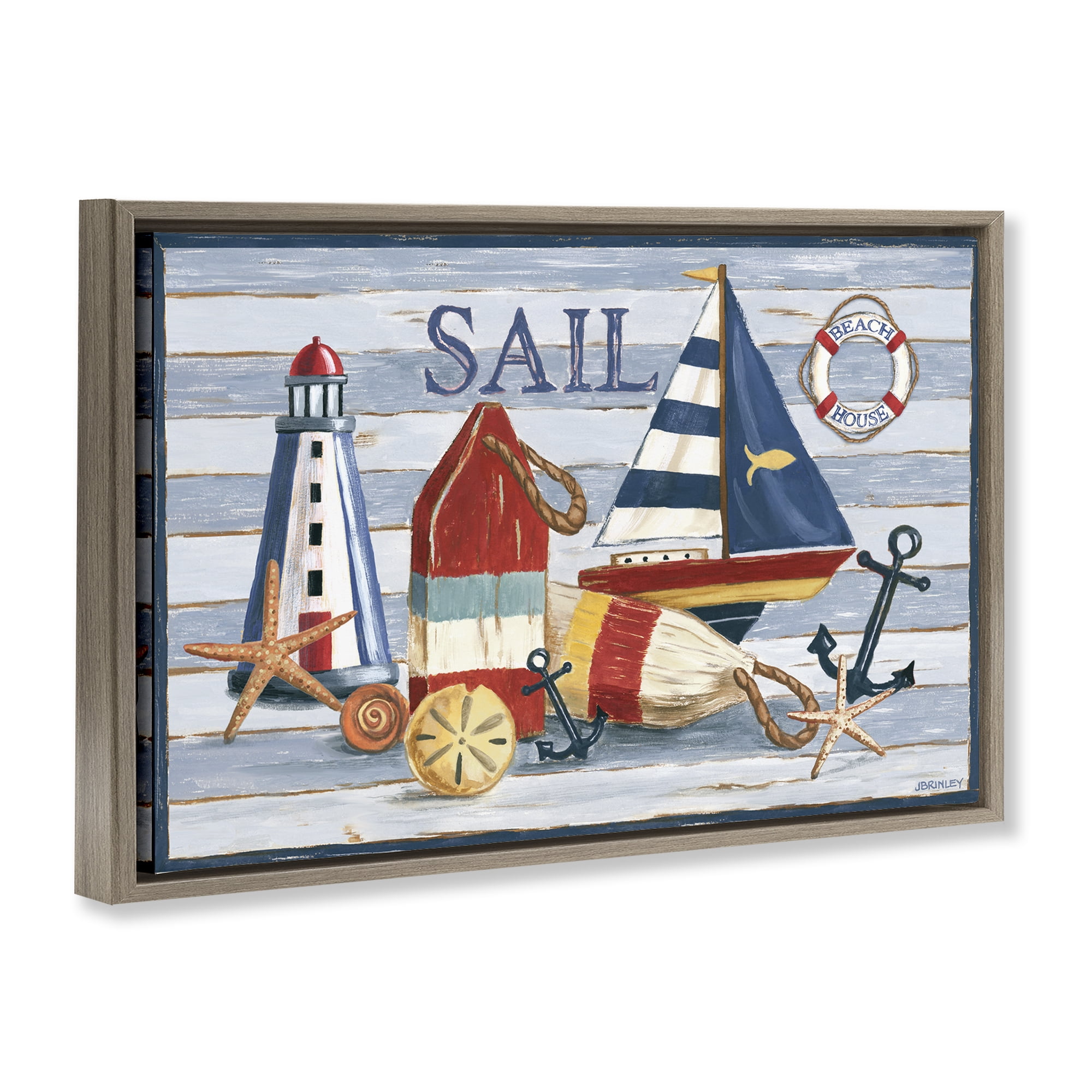 Stupell Industries Striped Nautical Still Life Nautical & Beach Painting Brown Floater Framed Canvas Art Print Wall Art, 31 x 21