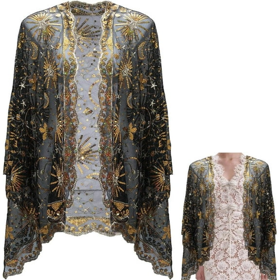 Black Sequin Shawls and Wraps 1920s Gold Sequins Beaded Shawl Wrap Long Womens Polyester Sheer Mesh Flapper Evening Scarf for Women Formal Party Wedding Dress Bridal Cover Up Accessories
