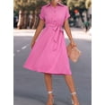 thumbnail image 6 of Women'S Collar Neck Button Down Tie Waist Short Sleeve A Line Midi Shirt Dress Rose Red L, 6 of 10