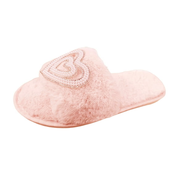 nsendm Women Shoes Adult Female Fuzzy Sock Slippers for Women Ladies Fashion Winter Plush Love Rhinestone Decoration Open Glass Slipper Shoes for Women Pink 6
