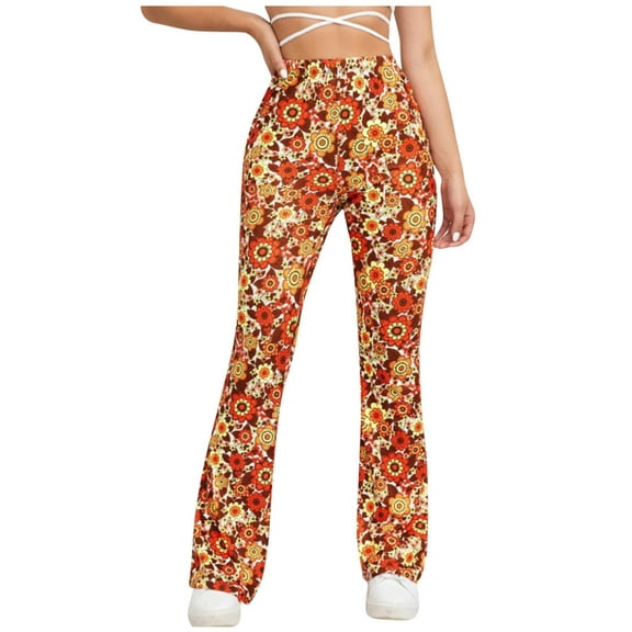 Women Casual Pants High Waisted Floral Print Pants Boho Flare Pants Petite Slimming Fit Trouser Bell Bottom Leggings