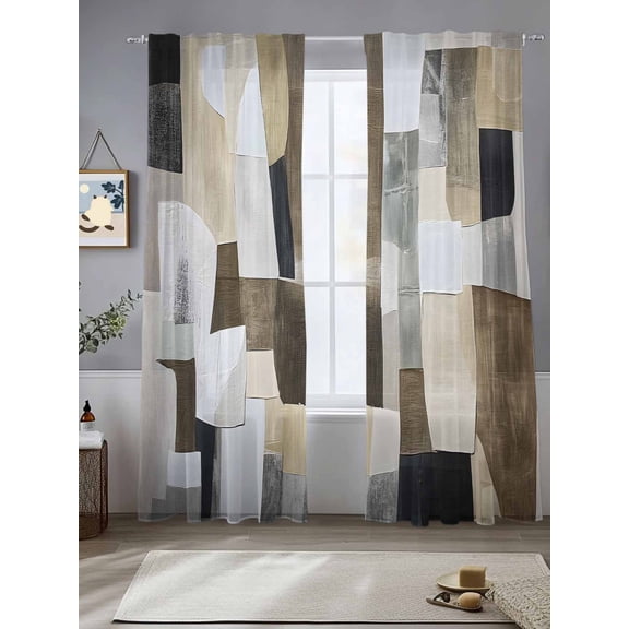 Abstract Color Block Sheer Curtains 108 Inches Long 2 Panels Brown White Geometric Modern Art Light Filtering Semi Sheer Window Curtains Drapes for Bedroom Living Room 52"x108"