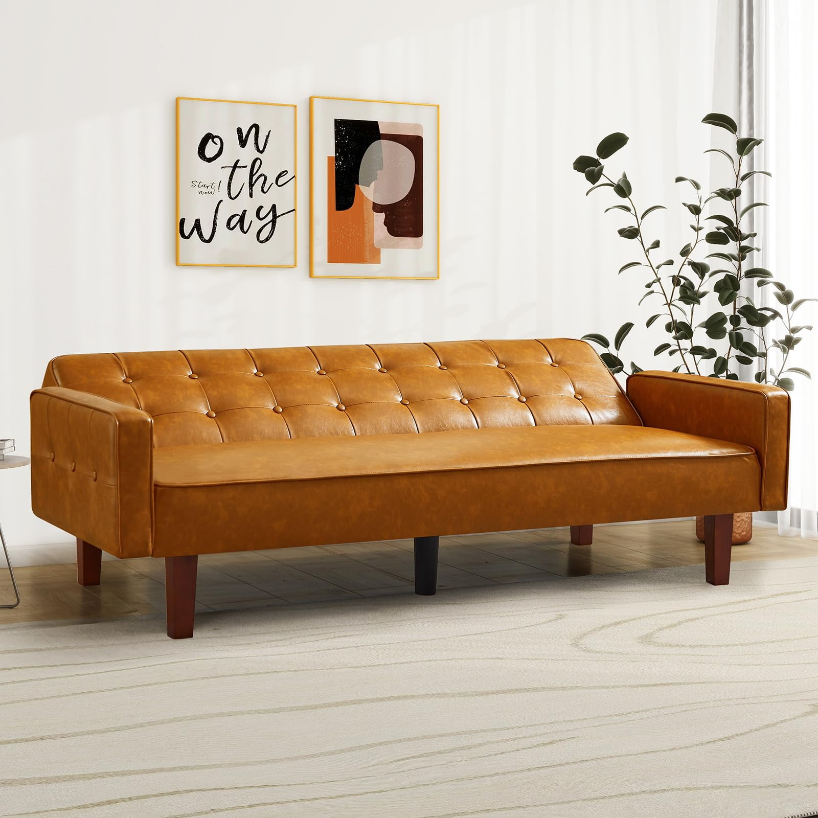 Aukfa 75" Button-Tufted Futon Convertible Sofa Bed for Home Office, Leather, Brown