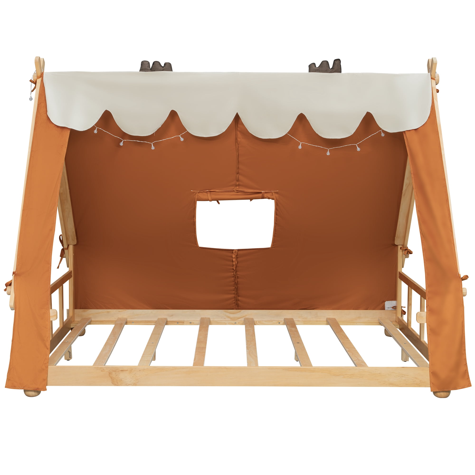 Full Size House Bed with Tent and Light,Brown