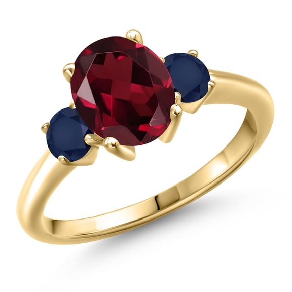 Gem Stone King 10K Yellow Gold Red Rhodolite Garnet and Blue Sapphire Engagement Ring for Women | 2.70 Cttw | Oval 9X7MM | Gemstone January Birthstone | Size 8