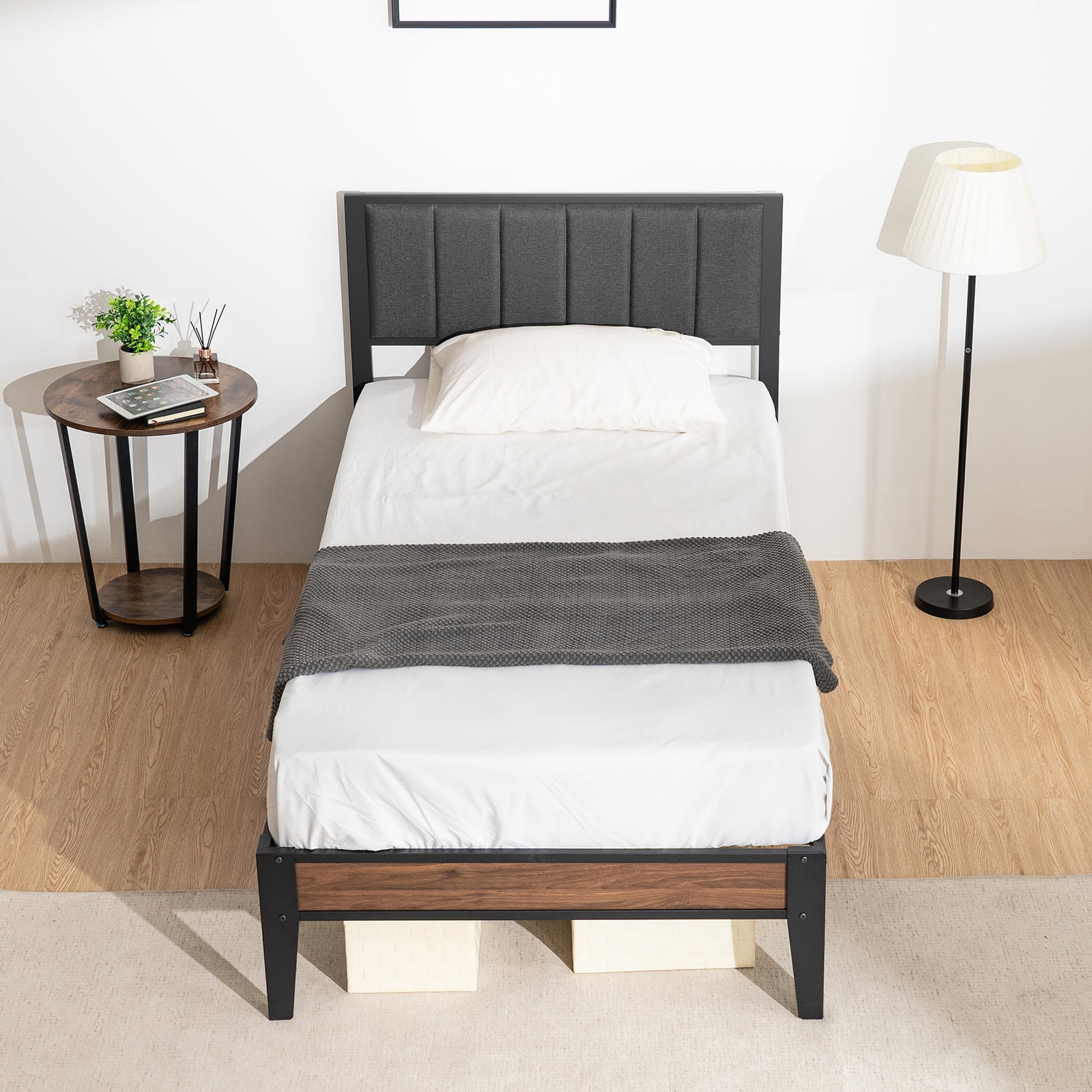 Lusimo Bed Frame Twin, Metal Platform Bed with Fabric Upholstered Headboard No Box Spring Needed Easy Assembly, Dark Gray