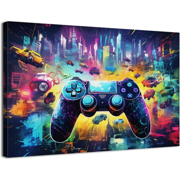 Gaming Graffiti Canvas Wall Art Gamepad Poster Gaming Room Decor for Boys Room Bedroom Playroom Home Decor Gamer Wall Decor Abstract Poster with Car Building Painting Office House Decorations