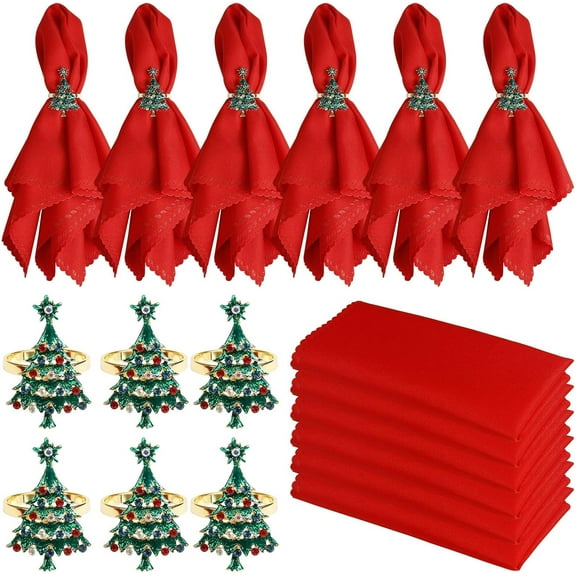 Christmas Napkin Rings and Cloth Napkins Set of 12, 6 Pieces Red Polyester Cloth Napkins Plus 6 Pieces Green Christmas Tree Napkin Rings Holder for Xmas Gathering Party Dinner Table Decor