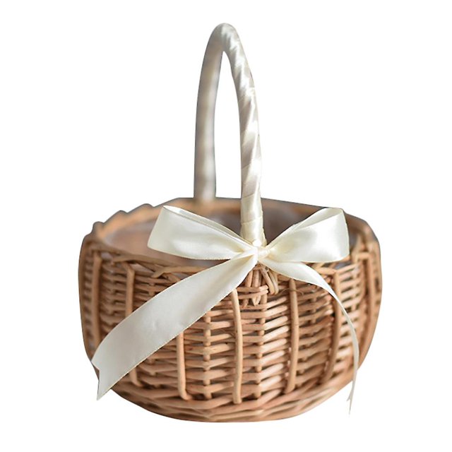 Tejido de mimbre, con asa y cinta blanca, cestas para niñas de las flores para bodas, decoración de jardín (l)