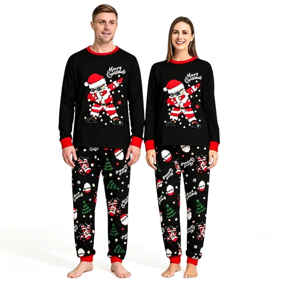 Qaltryn Christmas Pajamas for Women and Men Plush Soft Matching Family Sleepwear Santa Print Long Sleeve Top and Pants Set for Holiday Home Loungewear