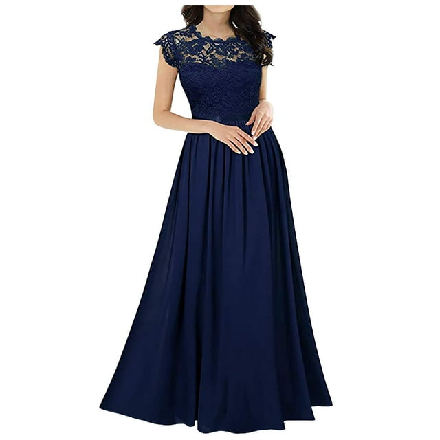 Bridesmaid Wedding Guest Dress For Womens Lace Stitching Maxi Dress Chiffon Swing Evening Gowns Empire Waist Long Dress Vestidos Elegantes de Mujer Para Fiesta Casuales Vestidos de Verano para Mujer