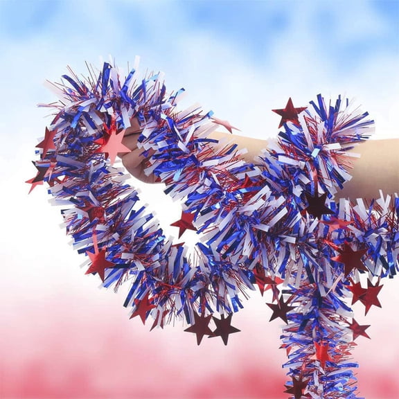 Yhmxh 4th of July Red White Blue Star Tinsel Garland Memorial Day Patriotic Decoration Independence Day Metallic Tree Garland Glitter Tinsel Hanging Twist for Veterans Day Patriotic Decor 6.5ft