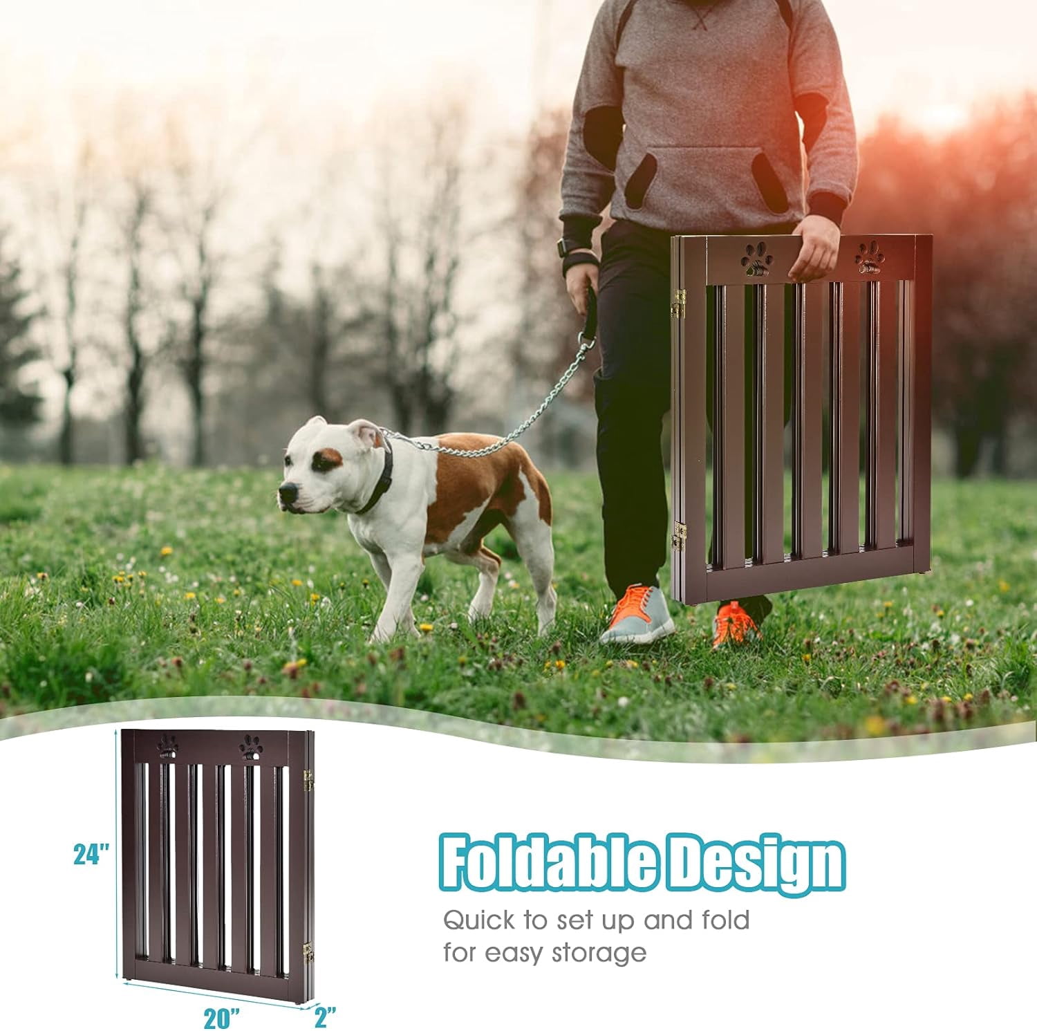 Freestanding Dog Gate, 3 Panel 60 in Wide 24 in Tall Pet Gates for Dogs, Dog Fences Indoor for House, Stairs, Doorways, Brown