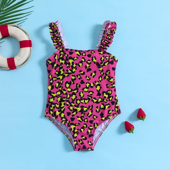 Conairie Girl Swimsuit One Piece Cute Graphics Print Bathing Suit with Sun Protection Ruffles Swimwear Hot Pink