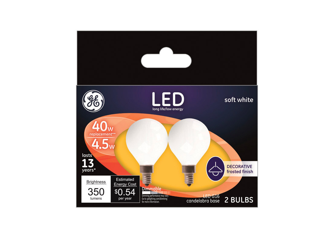 GE 25046 LED Bulb G16 E12 (Candelabra) Soft White 40 W Frosted Pair