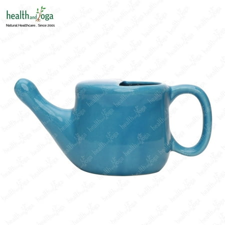 SoulGenie Flojar Ceramic Jala Neti Pot with Nostril Plugging Support - Holds 8.50 oz or 250 ml (Blue)