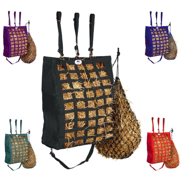 Majestic Ally Slow Feeder Hay Bag - Double Side Open 2 x 3 Holes with 42 Inch Hay Net for Horses and Livestocks with 1-Year Warranty