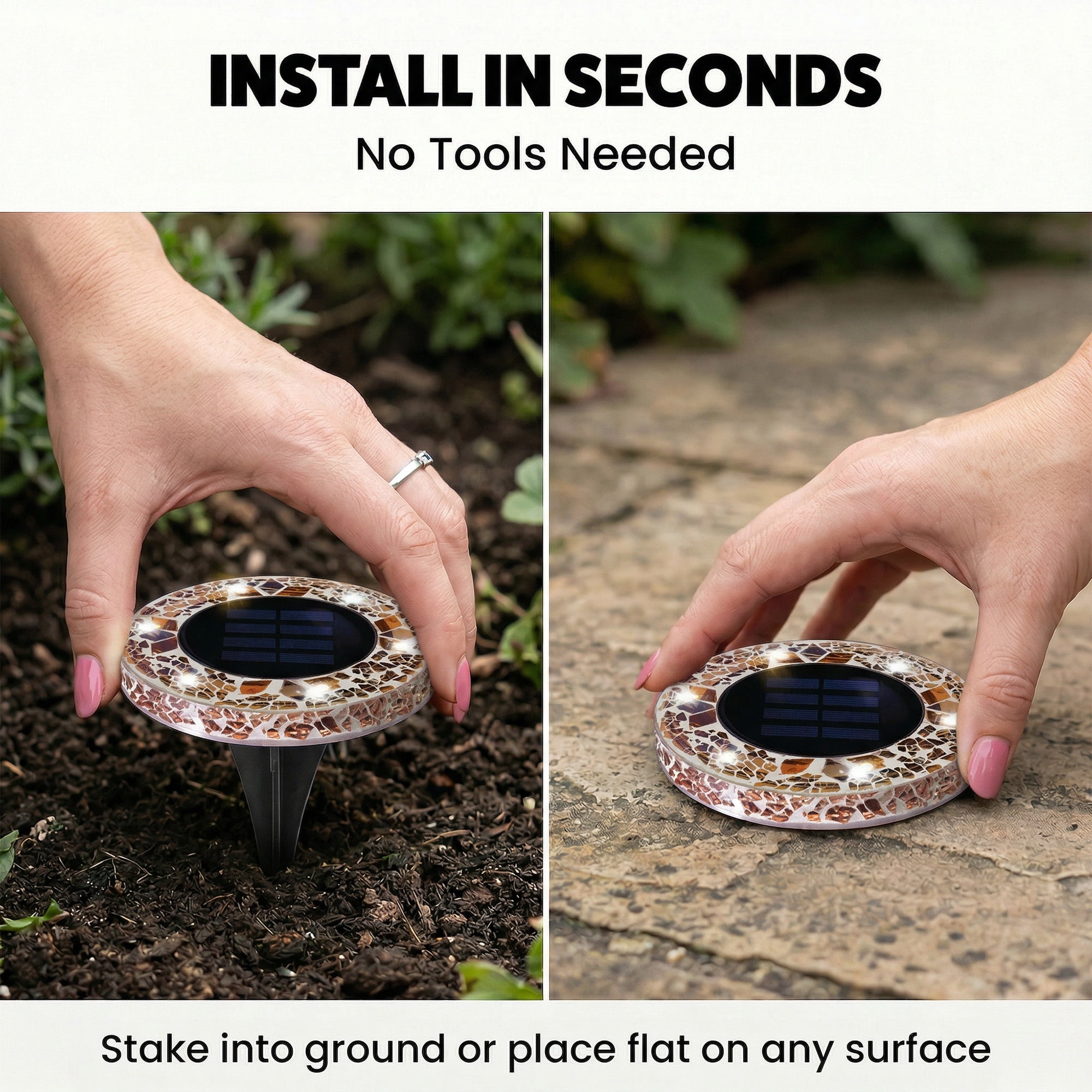 Bell+Howell Solar Outdoor Mosaic Disk Lights, 4 Pack Ultra-Premium Glass Decorative Pathway, Solar Outdoor Waterproof Disk, LED Pathway, Auto On/Off Lights - Tan