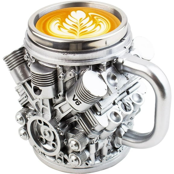 V6 Engines Stainless Steel Coffee Cup, 14 OZ Coffee Mug With Handle, Car V6 Engine Design Coffee Cup, Unique Heavy-duty Metal Cup Gift for Car Enthusiasts