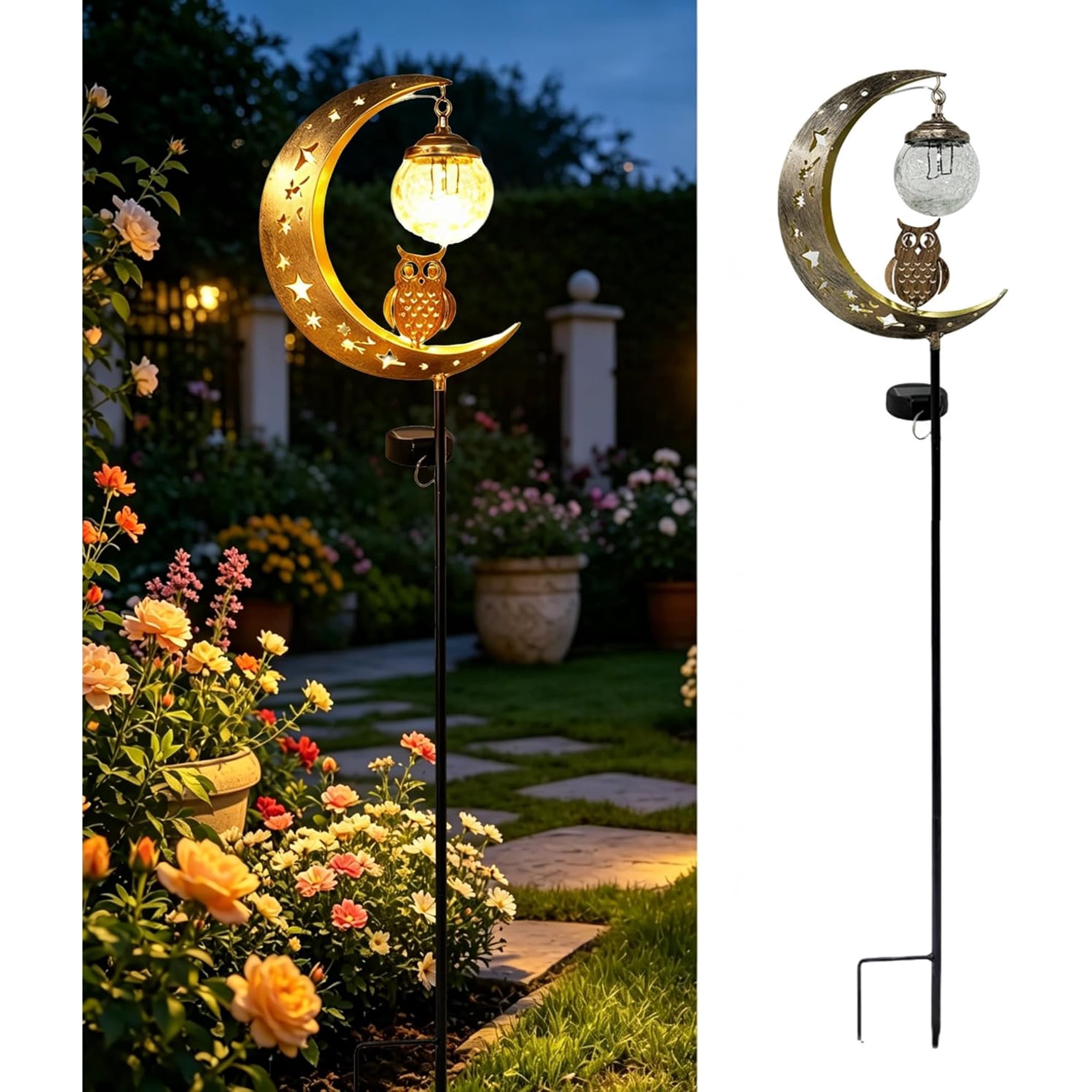 Half Moon Solar Garden Stake Lights Waterproof LED Pathway Decor Crackle Hanging Glass Globe Ball Metal Crescent for Yard Patio Lawn Outdoor Decor