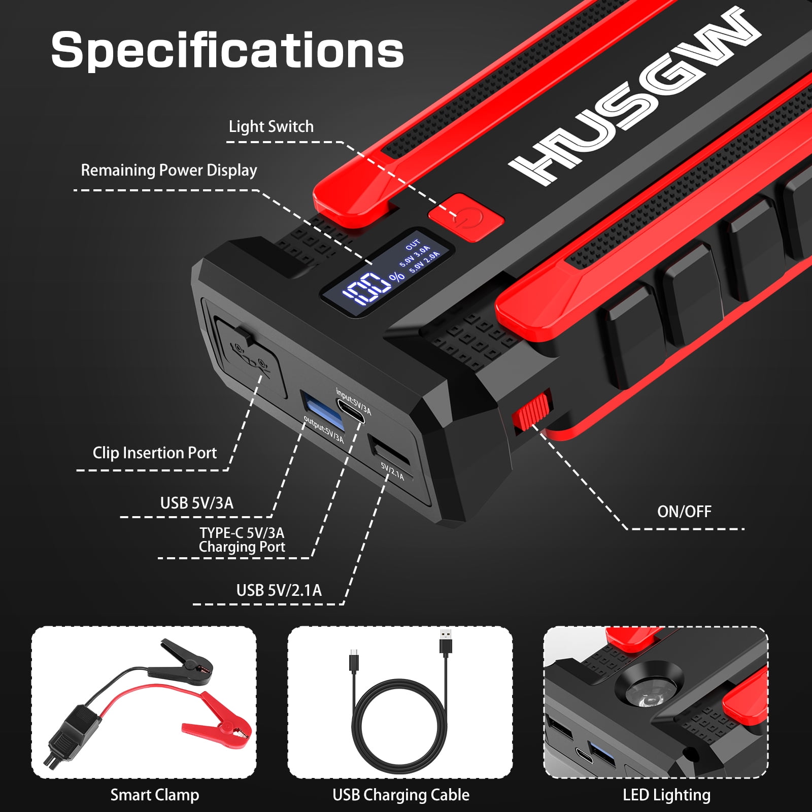 HUSGW 14000mAh 51.8Wh Car Jump Starter Powerful with USB Quick Charge and DC Output,2000A 3.7V  Portable Lithium Car Battery Starter Kit, Jump Start Power Pack and Booster Cable