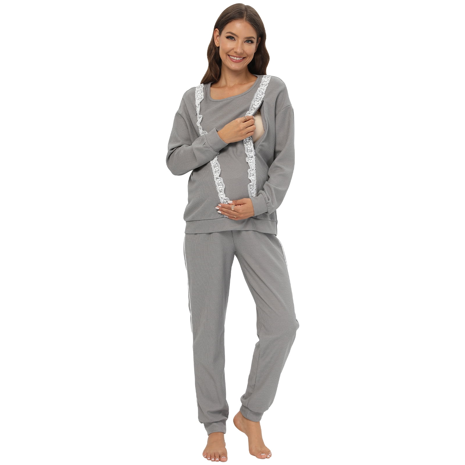 Wbq Maternity Nursing Pajamas Set Long Sleeve Lace Stitching Side Zipper Breastfeeding Sleepwear