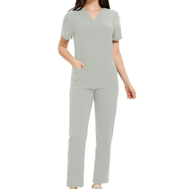 Ropa de Trabajo Mujeres Lavado de Bolsillo de Manga Corta Uniforme de Enfermera de Secado Elástico, 100% Poliéster Set Ligero, Lavado a Mano Casual