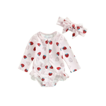 

Bagilaanoe Toddler Baby Girl One-Piece Swimsuit Strawberry Print Long Sleeve Zipper Rashguard Swimwear + Headband 6M 9M 12M 18M 24M 3T Kids Ruffle Bathing Suit Beachwear