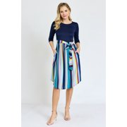 Vivid 3/4 Sleeve Multi Color Stripe Sash Midi Dress | S-3X