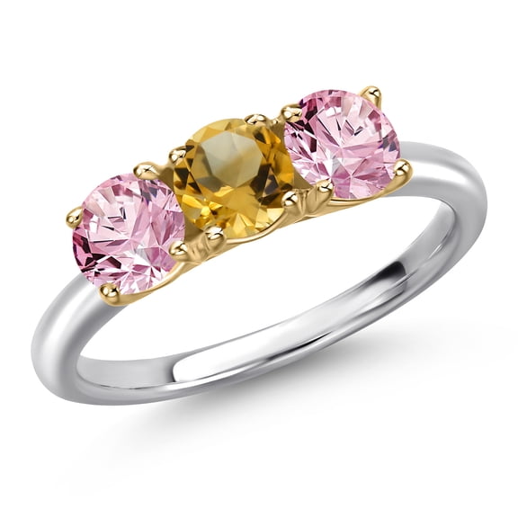 Gem Stone King 10K Two Tone Gold Yellow Citrine and Pink Lab Grown Diamond Engagement Ring for Women | 1.45 Cttw | Round 5MM | Gemstone November Birthstone | Size 9