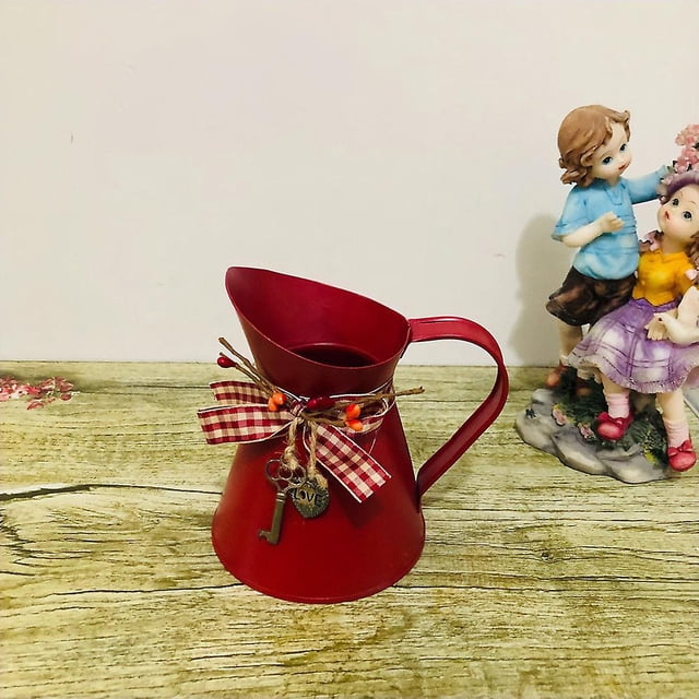 Jarrón de flores vintage, regadera roja, decoración rústica para el hogar, jarrón de metal, maceta con forma de arco, maceta con llave para la oficina, el balcón y la sala de estar