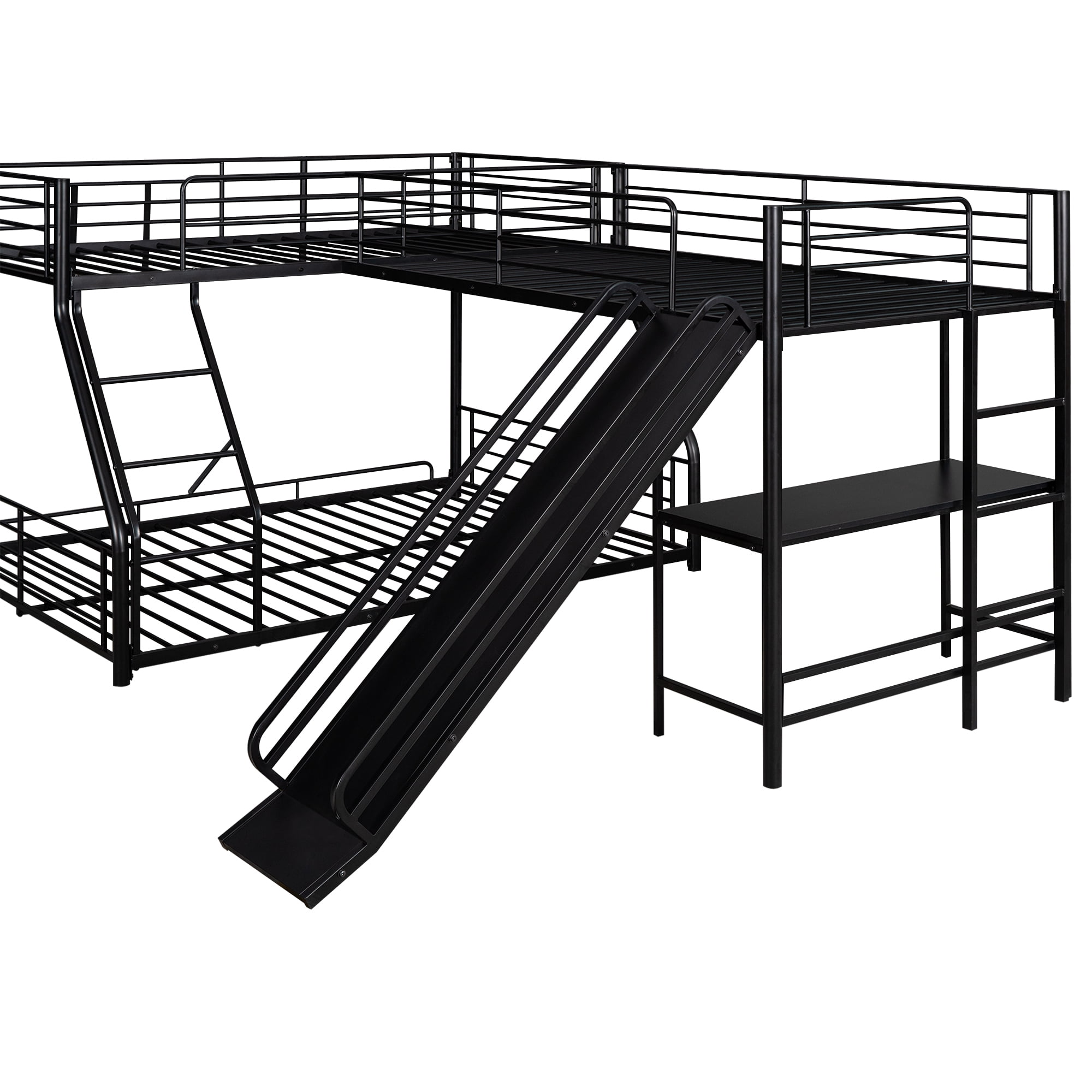 Aukfa Triple Bunk Bed with Desk and Slide, L-Shaped Metal Low Bunk Bed with a Twin Loft Bed for 3 Kids, Twin Over Full - Black