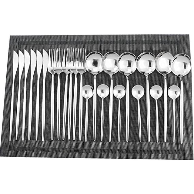 Zhuge Ensemble de 24 Pcs de Coutellerie - Ustensiles Réutilisables en Acier Inoxydable, Fourchettes, Cuillères et Couteaux, Ensemble de Couverts à Fini Miroir, Idéal pour les Réunions de Famille et l'Usage Quotidien (Ensemble de 6, Argent)