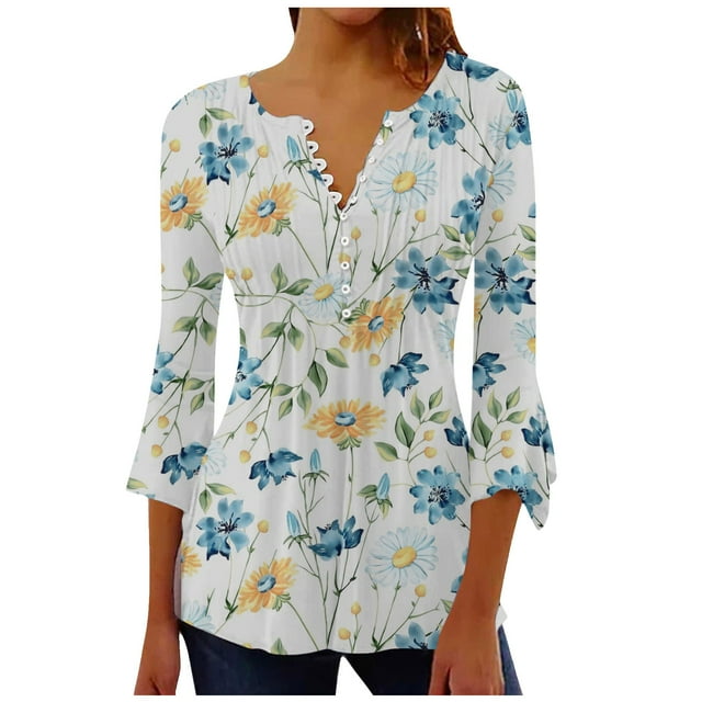 IROINID Reduced Plus Size Shirts for Women Crew Neck Long Sleeve Daily Trumpet Solid Buttoned Basic Ruched Corset Tunic Tops Pleated T-shirts Blouses,Blue