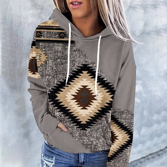 VALMASS Long Sleeve Hooded Casual Ethnic Style Trendy Print Drawstring Hoodie Women (XL, Gray)