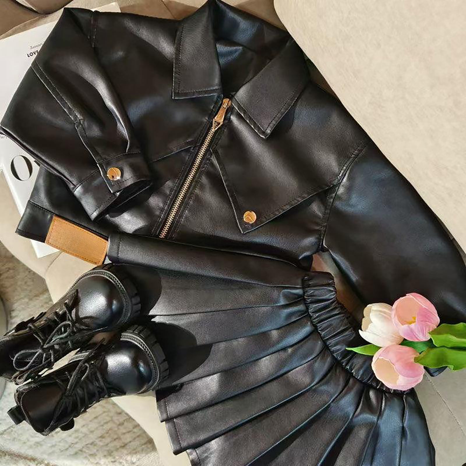 TYGHBN Girls' Leather Coat Pleated Skirt 2024 Autumn New Korean Fashion Cool Casual Jacket Children's Motorcycle Clothing Crop Top and Sweatpants Little Girl Outfits Baby Blankets for Girls Baby Girl