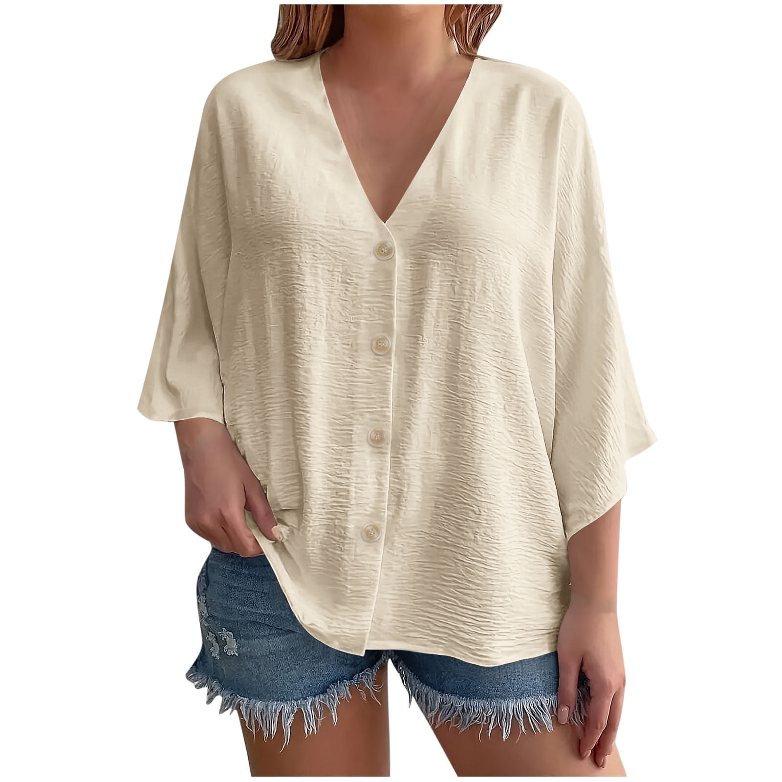 Button-Down Shirts for Women Plus Size L-4X Lightweight 3/4 Sleeve Blouses Tops Womens Casual Solid Color Loose V Neck Beach Cover Ups Tees Top