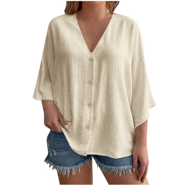 Diufon Women's Button Down Shirts 3/4 Sleev V Neck Tunic Blouses Plus Size Loose Flowy Cardigan Tops