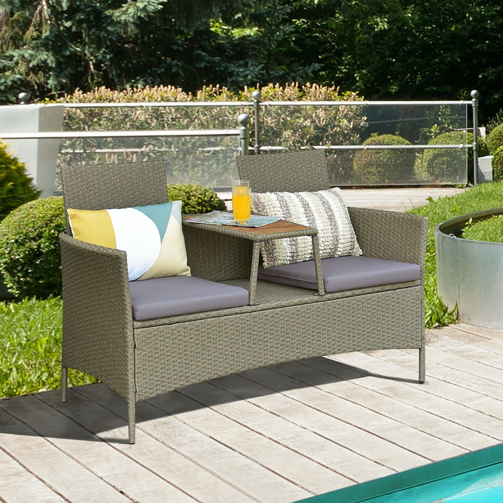 Gymax Patio Rattan Loveseat Outdoor 2Person Conversation Set w/ Builtin Table