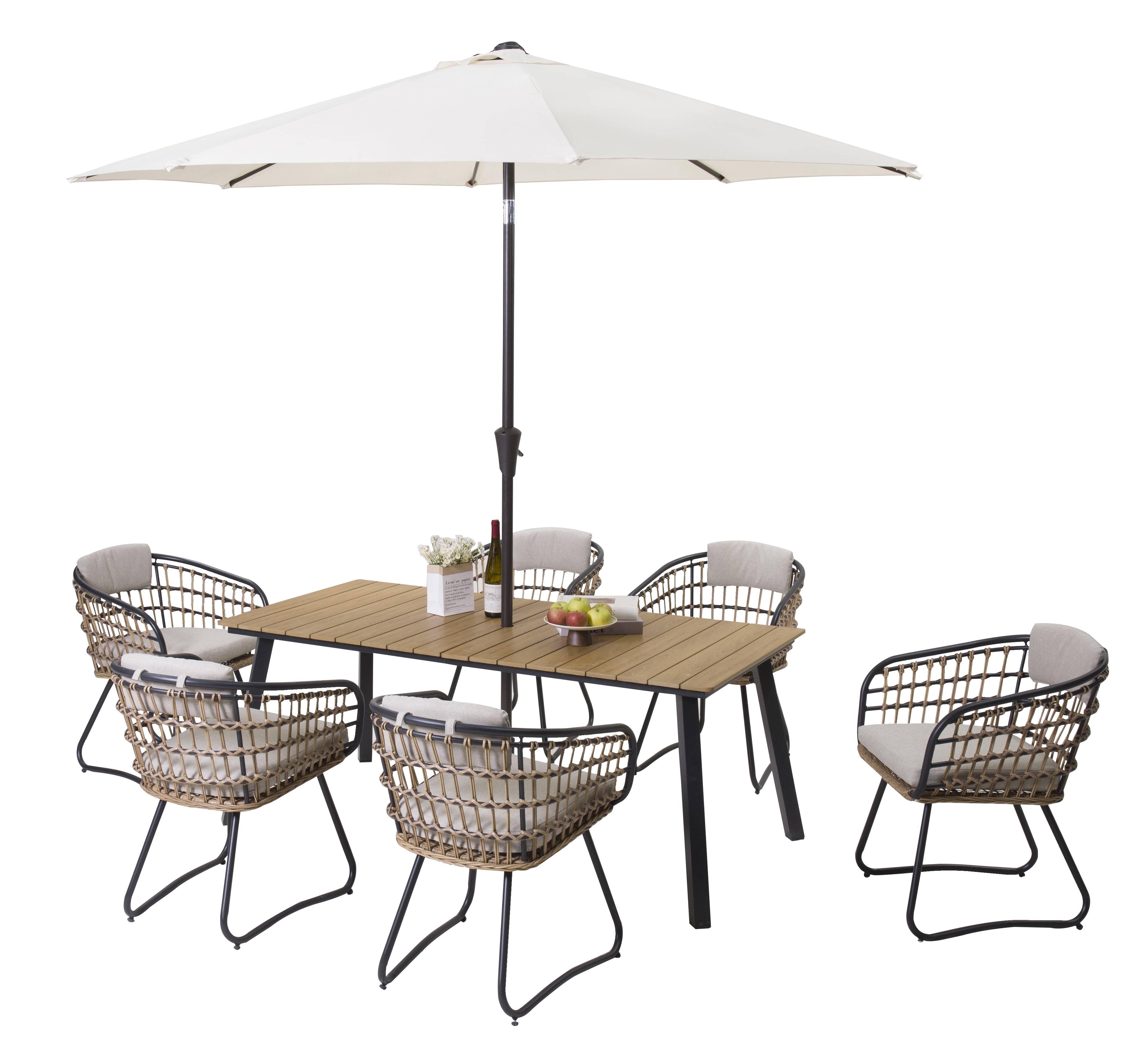 7-Piece Outdoor Wicker Dining Set with Acacia Wood Table, Patio Dining Furniture Set with 6 Rattan Chairs & Cushions for Garden, Deck, Backyard, Yellow