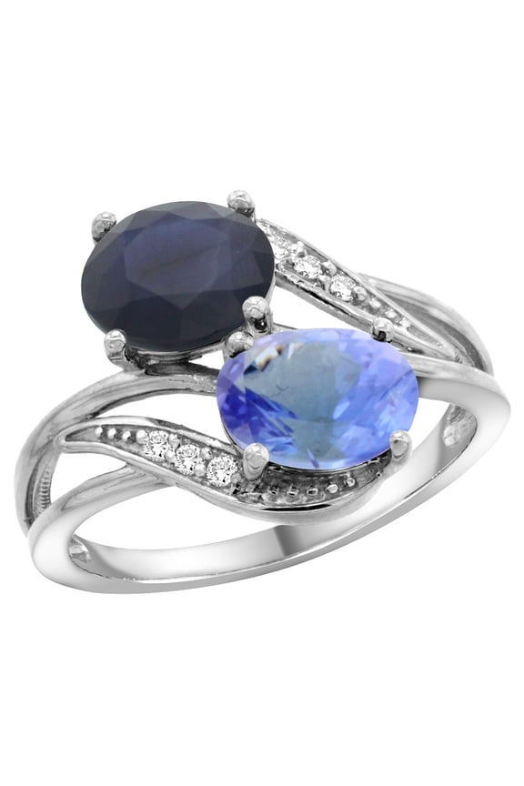 10K White Gold Diamond Natural Australian Sapphire & Tanzanite 2-stone Ring Oval 8x6mm, size 8