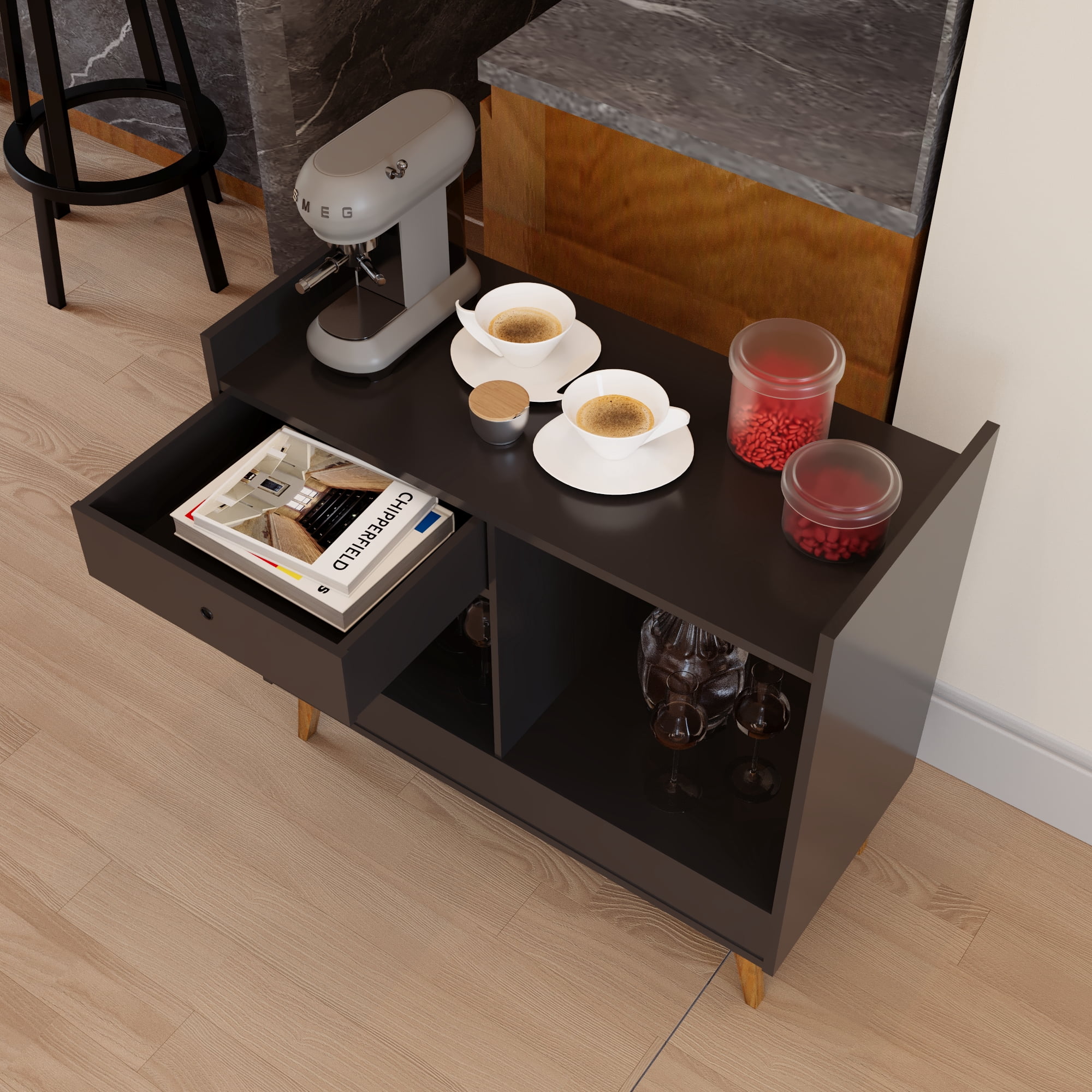 Ember Interiors Oxford Black Modern Bar Cabinet with Wine Storage, Drawer & Open Shelves – Compact Design for Living Room or Kitchen