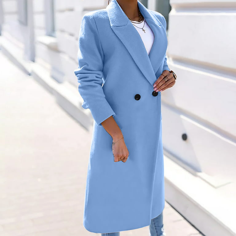 XFLWAM Trench Coats for Women 2022 Oversized Lapel Double Breasted Pea Coat  Winter Wool Blend Jacket Trench Coat Long Coat Light Blue S