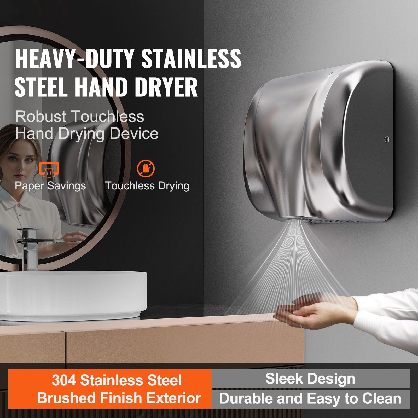 Commercial 1300W high-speed stainless steel automatic dryer, 120V plug-in or hard-wired, suitable for bathrooms